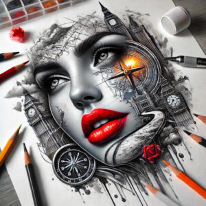 Face and lip in black and grey with clock tower, compass, rose, pencil on a sketch sheet; tattoo project idea; not ideal for cover-up; pattern.