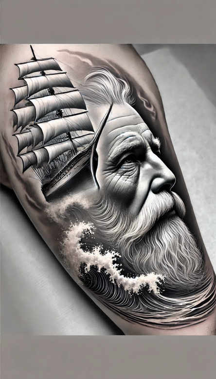 Old bearded man portrait in black and grey with sailing ship and waves; tattoo project idea; cover-up: no.