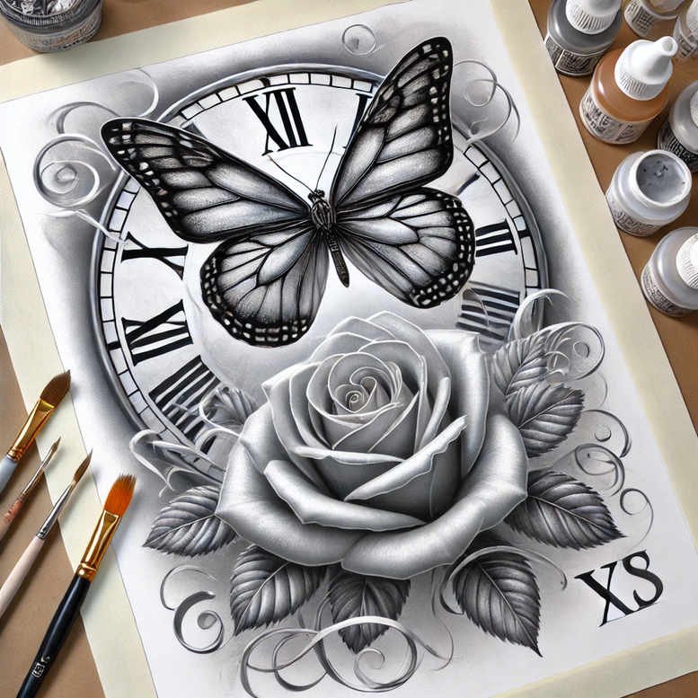 Butterfly, rose, clock, and decorative swirls in black and grey on white paper; tattoo design concept; AI-generated tattoo project; suitable for cover-up.