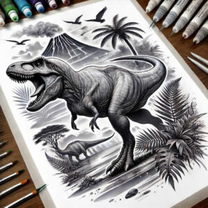 Black and grey dinosaur tattoo design featuring a realistic T-Rex in the foreground with plant, tree, clouds, and a distant mountain; tattoo project; cover-up capable.
