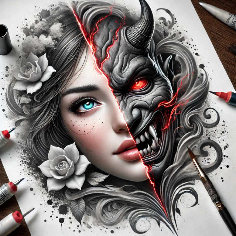 Portrait of a woman and a demon split in grayscale with blue eye, red crack line, and roses; black and grey, cover-up tattoo project idea.