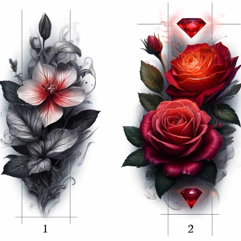 Two-panel tattoo concept: left hibiscus and leaves in black and grey; right rose with leaves and diamonds; project idea; suitable for cover-up.