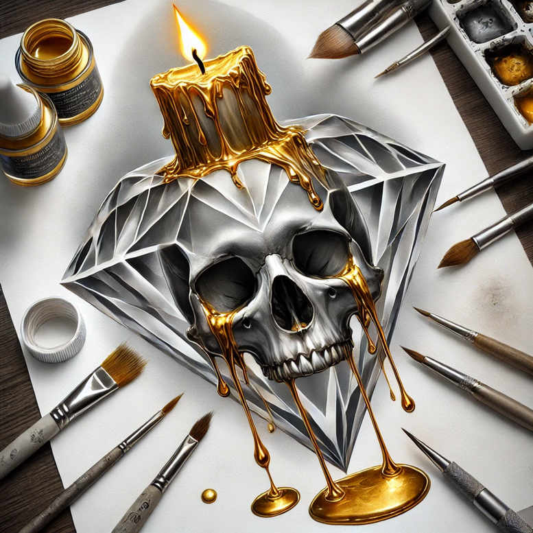 Color image of skull with a faceted diamond on a white sheet, melting gold candle dripping over it, surrounded by brushes, a palette, paint jars, and paper; tattoo project idea; cover-up suitable.