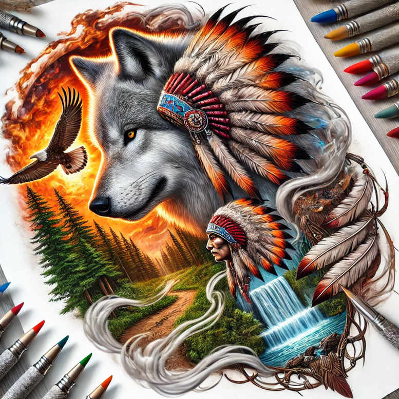 Colorful wolf head with Native American headdress, eagle in flight, pine forest, river, and waterfall; full color tattoo design concept, AI-generated project.