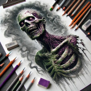 Skull, torn flesh torso on paper with green-purple shading; pencil, eraser nearby; tattoo design idea, AI-generated project, black and grey with color accents, cover-up.