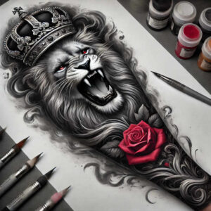 Lion, crown, rose, and leaves in black and grey shading with a red rose; AI-generated tattoo project idea; suitable for cover-up.