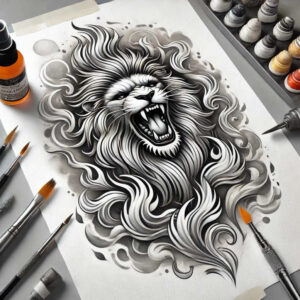 Roaring lion head in black and grey ink on paper, with brushes, ink bottle, and pencil nearby; AI-generated tattoo project; ideal for a cover-up.