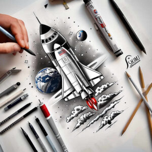 Rocket in black and grey; Earth in blue and grey; clouds in black and grey; star; flame; hand; pen; marker; pencil. AI-generated tattoo project.