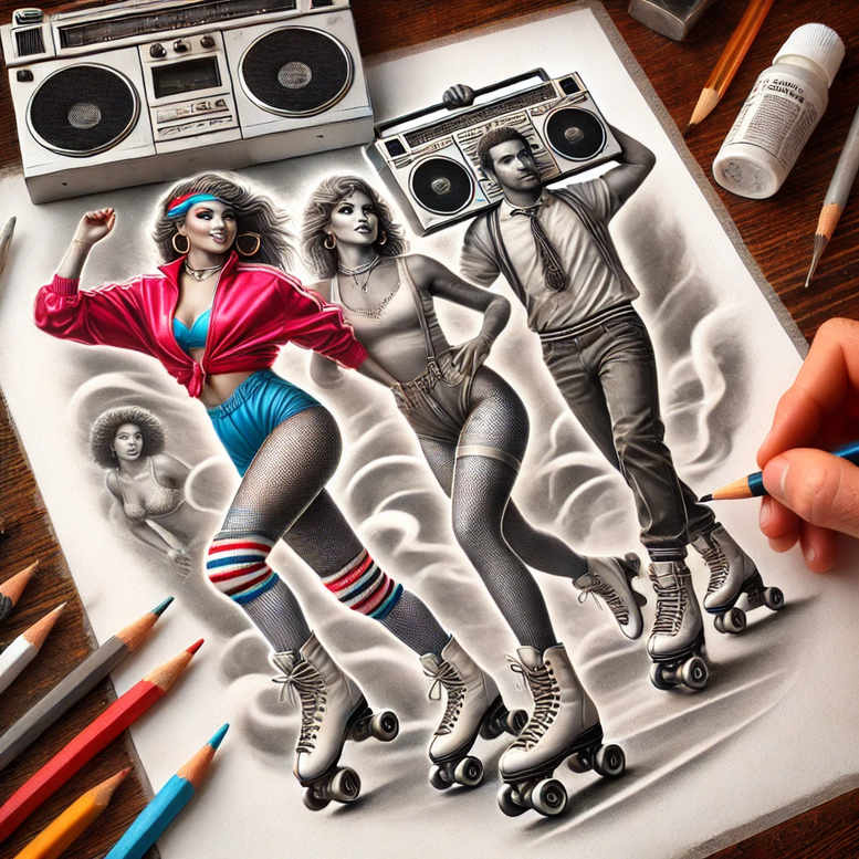 Colorful illustration of three people on roller skates with neon outfits, two boomboxes, pencils, and paper; color artwork; project idea; not suitable for cover-up.