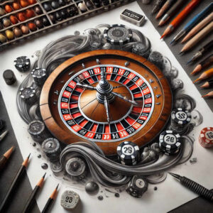 Roulette wheel, paper, pencil, eraser, and chip; black and grey drawing; tattoo idea; suitable for cover-up.