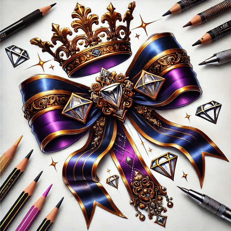 Crown, ribbon, diamond, filigree, pencil; color illustration with blue and purple ribbons and gold detailing; AI-generated tattoo project concept; not for cover-up.