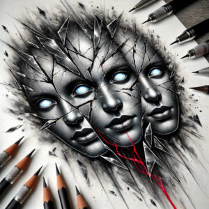 Shattered glass faces with blue eyes, red lines, glass shards, pencils, paper background; black and grey tattoo project; cover-up suitable.