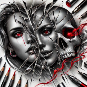 Black and grey: woman face and skull split by glass shards, red eye, earring; pencils, markers, pens at edge; project idea; cover-up suitable.