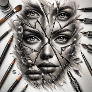 Face with shattered glass overlay in black and grey; visible objects include pencil, marker, machine, mirror, and glass; project concept, cover-up.