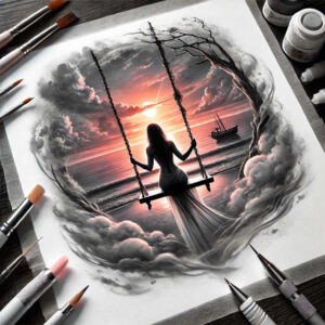 Girl silhouette on a circular mist frame with a swing, black and grey; cover-up-ready tattoo design concept, AI-generated.