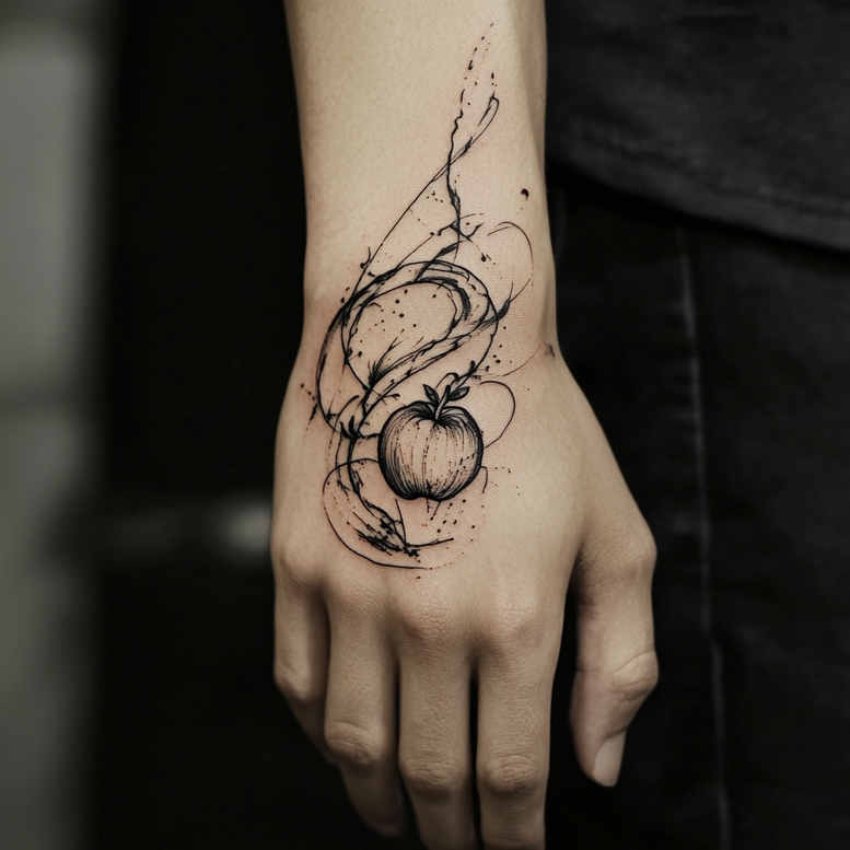 Apple and hand shown in black ink sketch with swirling lines and splatters; pattern tattoo project, cover-up-friendly.