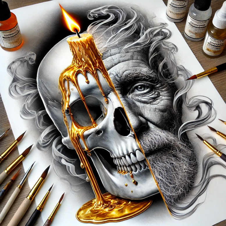Black and grey skull and man's face portrait with a melting gold candle, on paper, surrounded by brushes and ink bottles; AI-generated tattoo project; cover-up-ready.