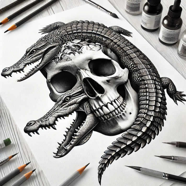 Skull with two crocodile heads wrapping around in black and grey; tattoo project idea; cover-up suitable.