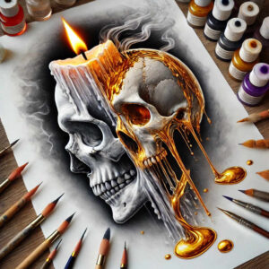 Skull in black and grey with molten gold pouring over the right side on white paper; flame, pencils, and brushes around; AI-generated tattoo project, clearly a cover-up concept.