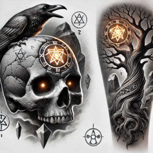 Skull and raven perched above an intricate tree in black-and-grey with orange-glow sigils; AI-generated tattoo project, cover-up-ready.