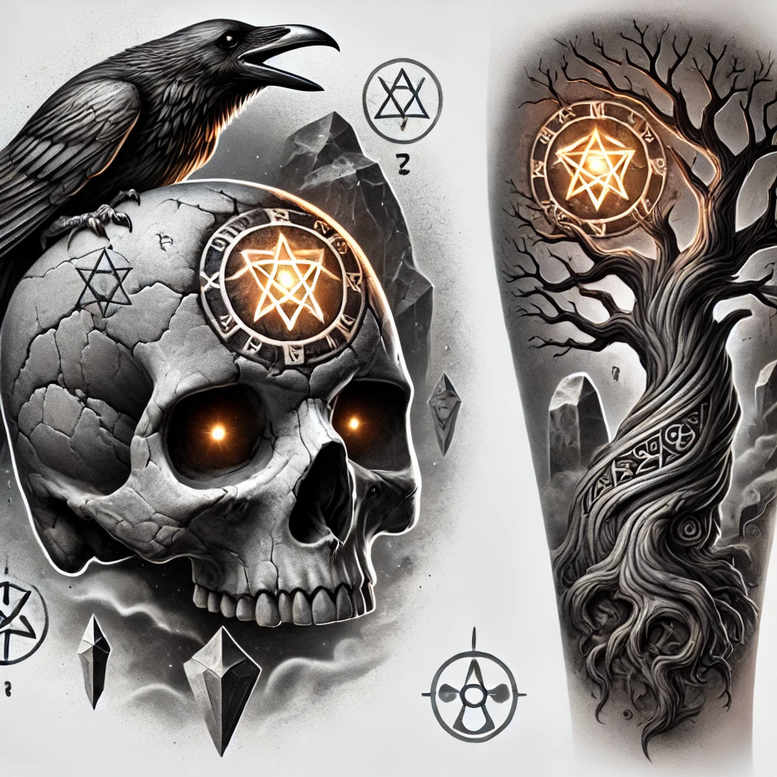 Skull and raven perched above an intricate tree in black-and-grey with orange-glow sigils; AI-generated tattoo project, cover-up-ready.