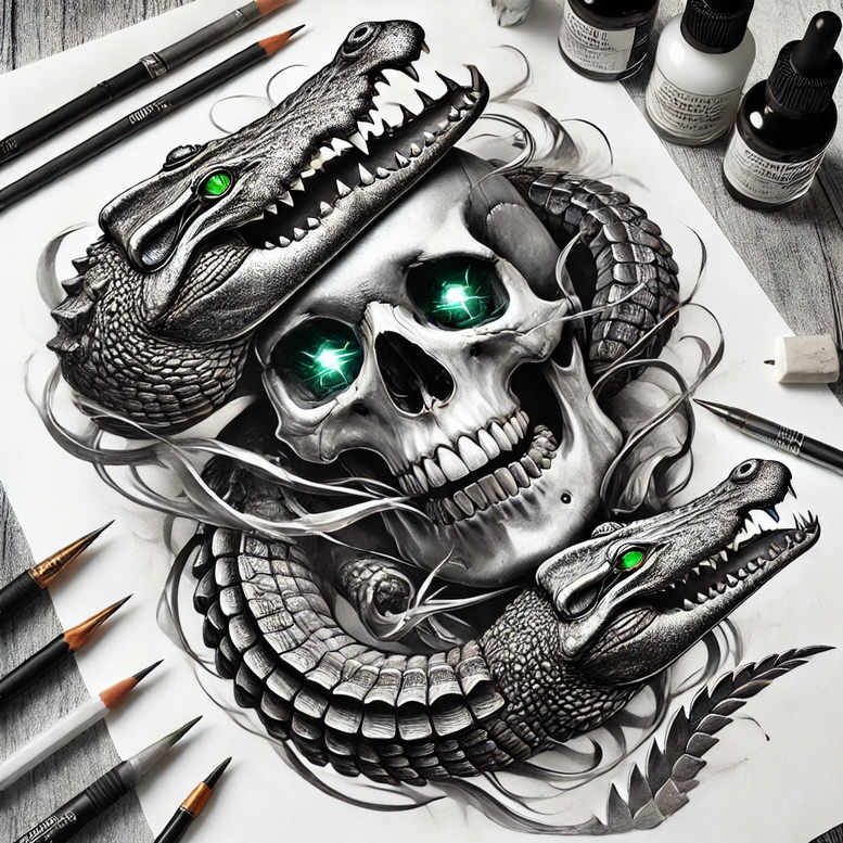 Skull with a coiled snake in black and grey, green eyes; tattoo design concept, AI-generated, suitable for cover-up.