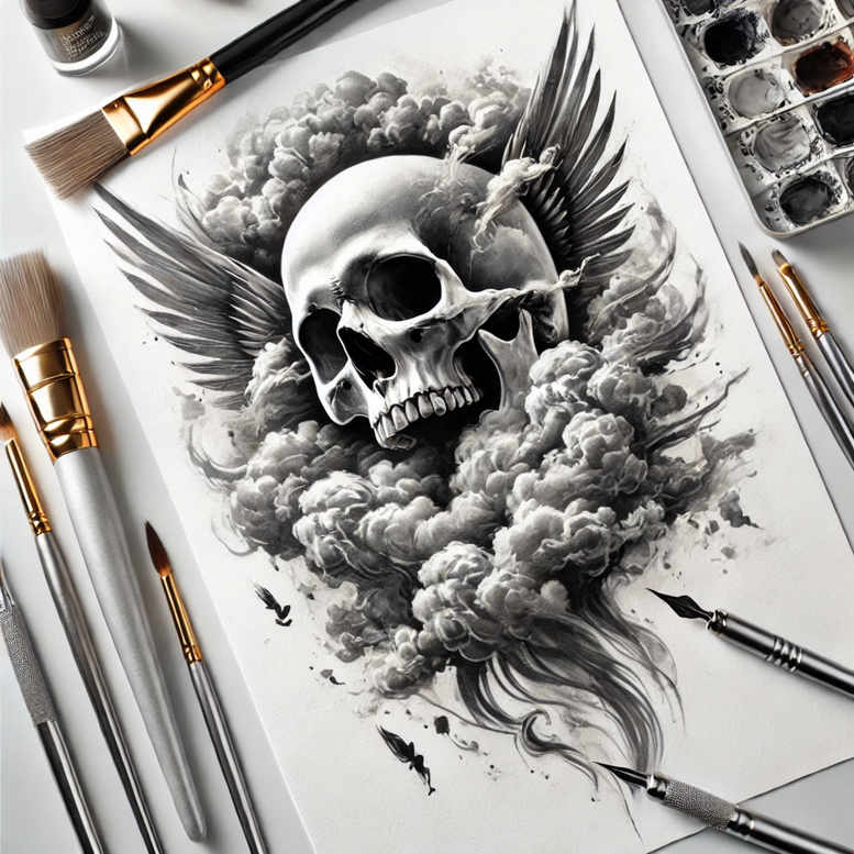 Dark grayscale skull with wings above clouds and smoke; tiny birds and art brushes and a palette surround the scene; AI-generated tattoo concept, suitable for cover-up.