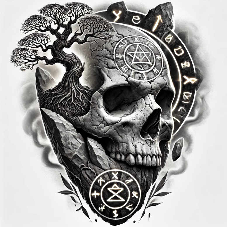 energy-motif-skull-tattoo – tattoo design ideas free ai generated – blood-red – for-stomach – Gallery: skulls-inkby-ai