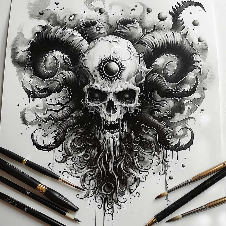 life-motif-skull-tattoo – tattoo design ideas free ai generated – macabre – for-lower-thigh – Gallery: skulls-inkby-ai
