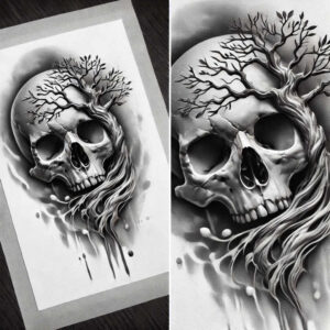 mystical-symbol-skull-tattoo – tattoo design ideas free ai generated – ghastly – for-upper-arm – Gallery: skulls-inkby-ai