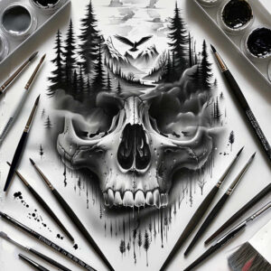 nature-motif-skull-tattoo – tattoo design ideas free ai generated – decaying – for-back – Gallery: skulls-inkby-ai
