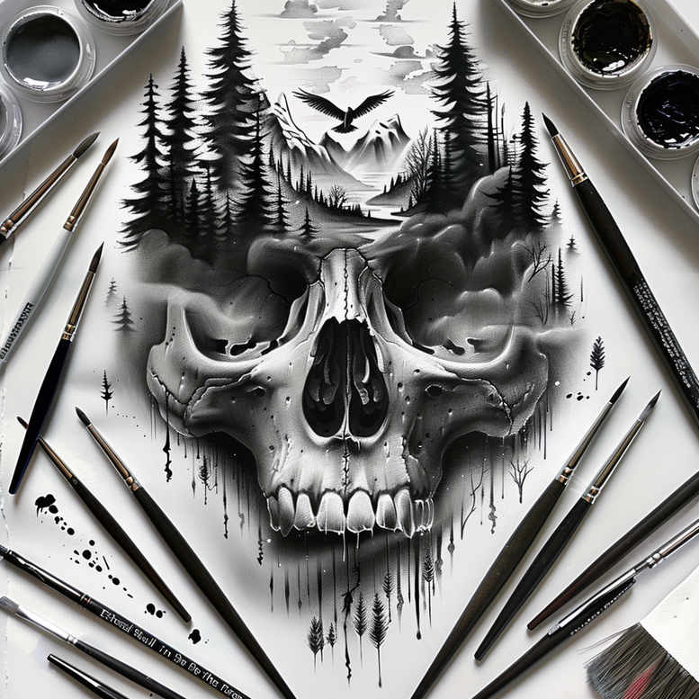 nature-motif-skull-tattoo – tattoo design ideas free ai generated – decaying – for-back – Gallery: skulls-inkby-ai