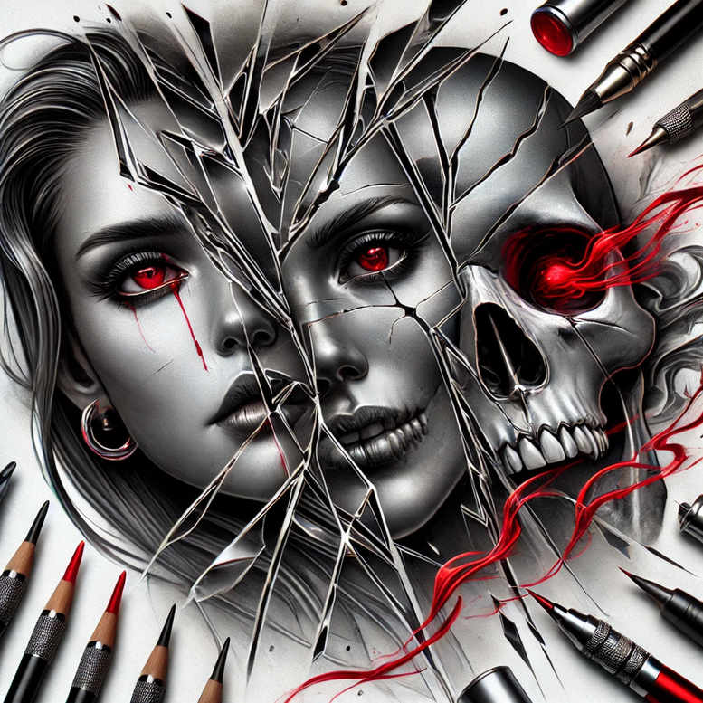 strength-motif-skull-tattoo – tattoo design ideas free ai generated – nightmarish – for-scapula – Gallery: skulls-inkby-ai