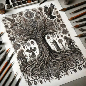 slowianska-kosmogonia-surrealism-shadow-play-for-lower-thigh – tattoo design ideas free ai generated – Gallery: slavic-mythology-inkby-ai