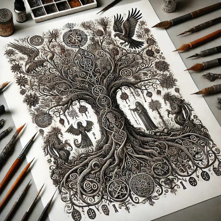 slowianska-kosmogonia-surrealism-shadow-play-for-lower-thigh – tattoo design ideas free ai generated – Gallery: slavic-mythology-inkby-ai