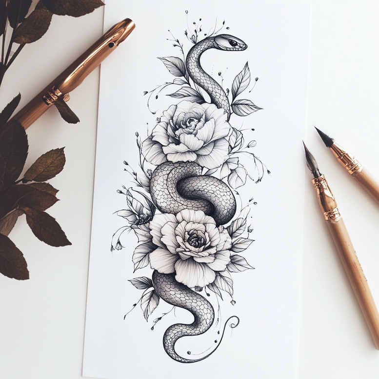 Black and grey tattoo design of a Naga-inspired snake coiled around two roses with leaves; sketch-style shading; project idea.