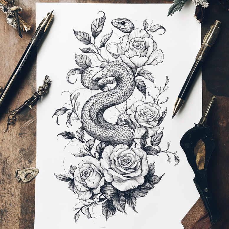 Snake and rose tattoo design on white paper in black and grey; coiled snake among blooming roses; AI-generated tattoo project idea; not ideal for cover-up.