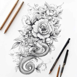 Snake winding through a rose bouquet, rendered in black and grey pencil study; tattoo design concept, AI-generated tattoo project.