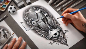 Man and boy silhouettes in black and grey tones, soccer ball motif, ornate frame with leaves and a banner; tattoo design concept.