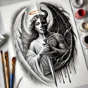 Angel with white wings and halo on the left, demonic figure with dark wings on the right, central sword; grayscale, black and grey; cover-up-ready tattoo project.