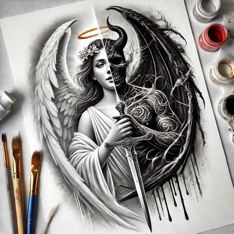 Angel with white wings and halo on the left, demonic figure with dark wings on the right, central sword; grayscale, black and grey; cover-up-ready tattoo project.