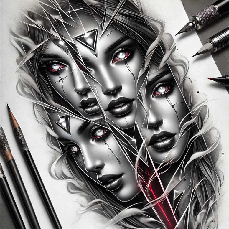 Three grayscale portrait faces with geometric diamond accents, black and grey tattoo design concept, ideal for cover-up.