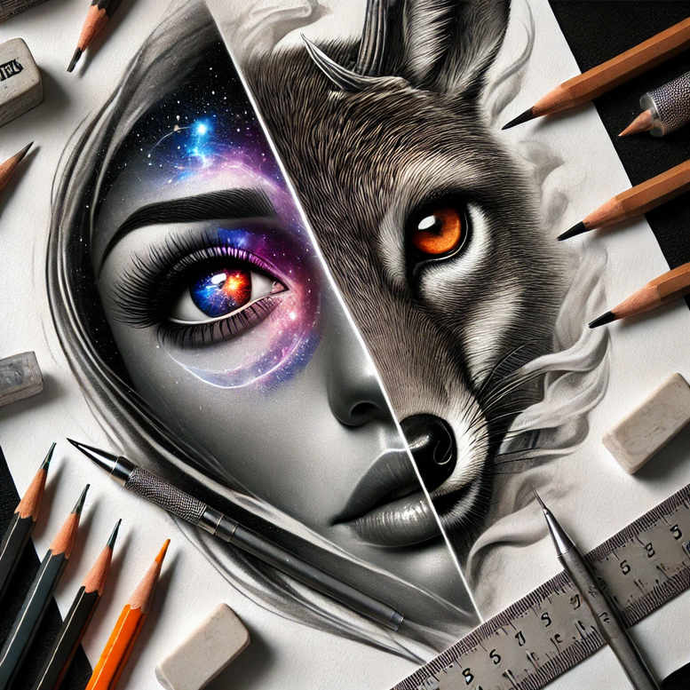 Split-face concept: a woman's face left and a wolf right in grayscale with purple and amber eyes; a cover-up-ready tattoo design idea.