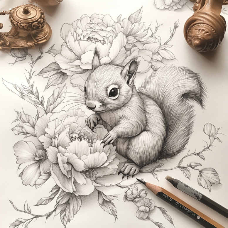 Squirrel with peony blossoms and leaves in black and grey pencil shading; project idea; cover-up: not suitable.