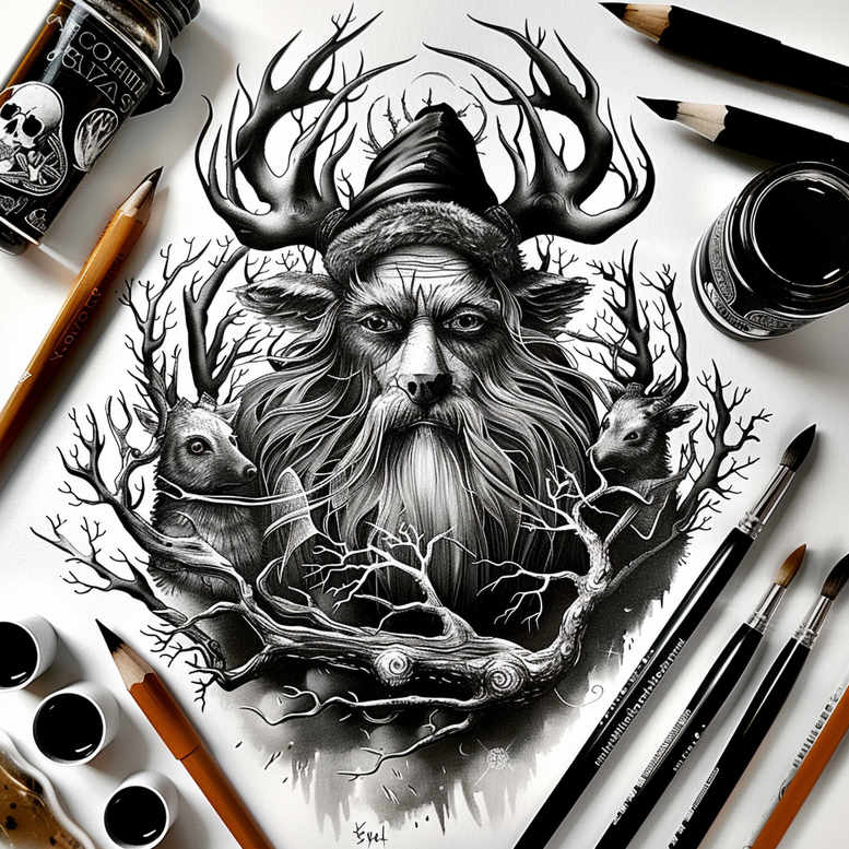 Black and grey; project idea featuring a bearded man with crown of antler, branch weaving around the torso, and a deer motif; cover-up ready.