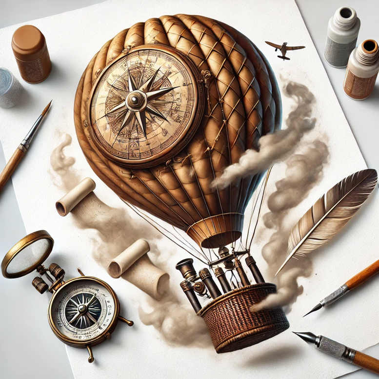 Balloon and basket with compass, clock, parchment scrolls, feather, quill, ink bottles, brush, and rope; full color tattoo design idea; not a cover-up.