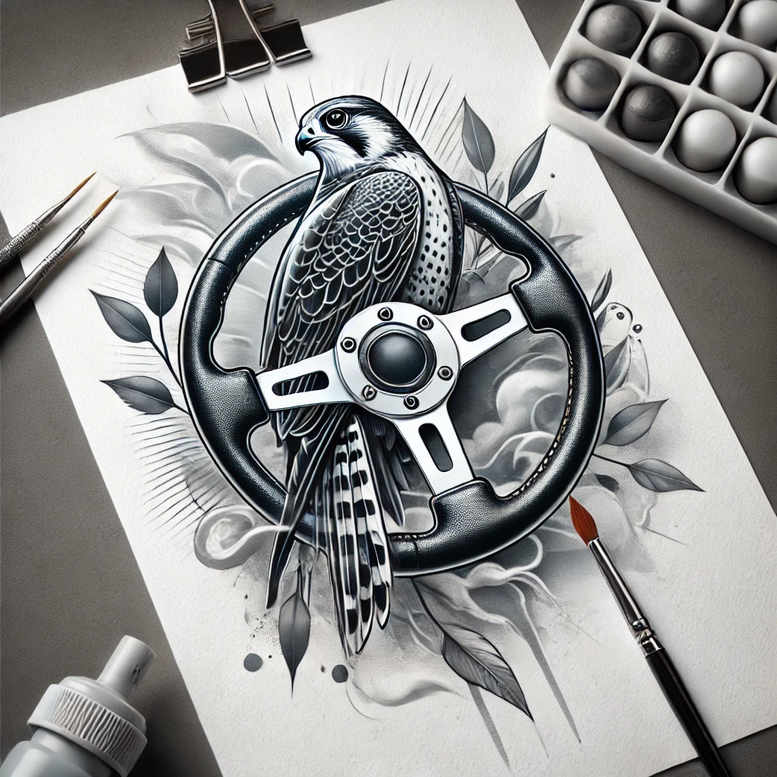 Bird perched on steering wheel with leaves rendered in black and grey; tattoo project idea; suitable for cover-up.