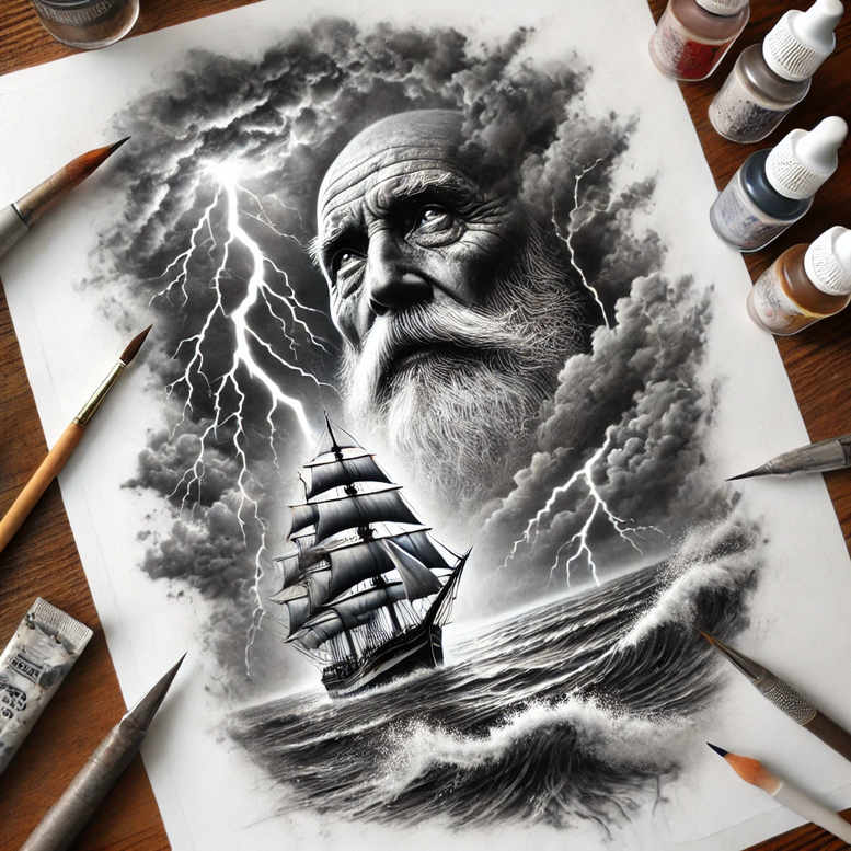 Black and grey tattoo concept featuring a stern Poseidon-like head amid clouds, lightning, and a sailing ship; AI-generated concept, cover-up ready.