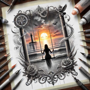 Woman on a swing before sunset over the sea with a distant lighthouse, birds, ornate grayscale frame with roses, compass wheel, and drawing tools; color: orange and blue sunset; tattoo project.