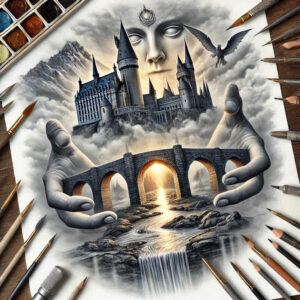 Hands in grayscale cradle a surreal castle atop a stone bridge over a sunlit waterfall; mountains and clouds frame the scene with palette; black and grey tattoo design; cover-up.